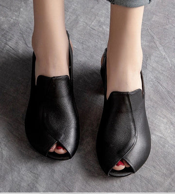 Niulatu High Heel Sandals Women Retro Genuine PU Leather Slingback Comfortable Fish Mouth Pumps Banquet Shoe Handmade Shoe DJSE